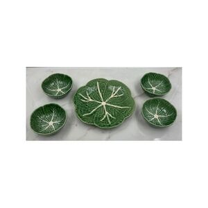 Bordallo Pinheiro Cabbage Leaf Majolica Plate and 4 Bowls Portugal Green